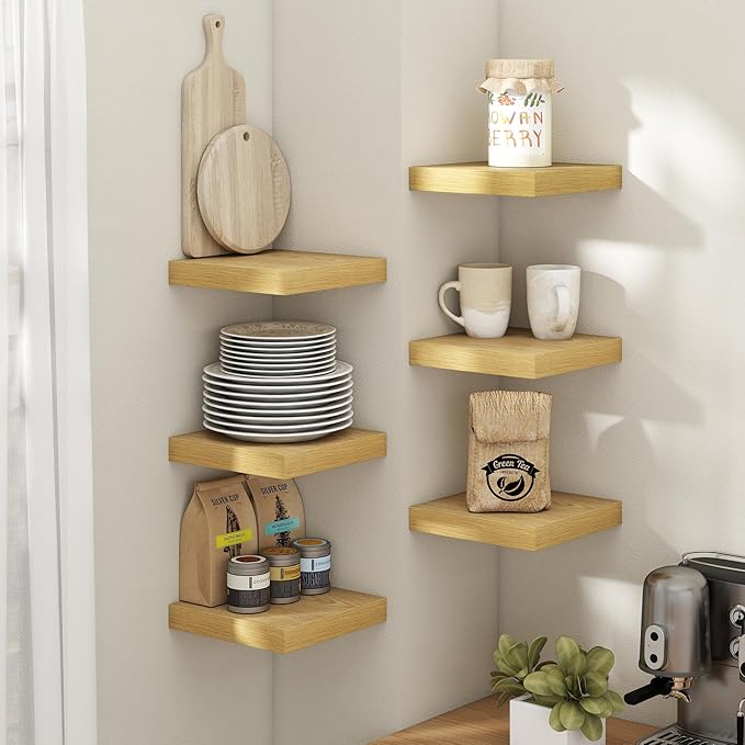 8 Inch Square Floating Shelves for Wall 3 Pack, 8"D Wood Grain Bathroom Shelves with Invisible Brackets, Easy Install Engineered Wood Storage Shelves for Kitchen, Living Room, Bedroom, Oak Finish