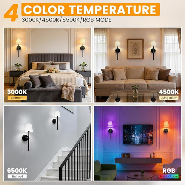 LUTEC Battery Operated Wall Sconce Set of 2,Rechargeable Wall Sconce, 12 Colors Wireless Wall Sconces with 5200mAh RGB Dimmable and Remote,Rechargeable Sconces Decor for Bedroom/Living Room/Hallway