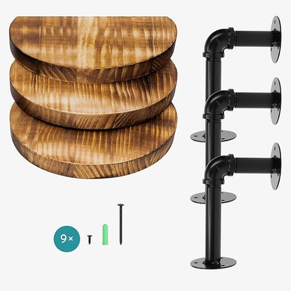 Navaris Industrial Pipe Shelf Set - 3 Small Rounded Wood Shelves with Shelf Brackets - 7.9" x 5.9" Wall-Mounted Wooden Shelving - Size S, Burnt Brown