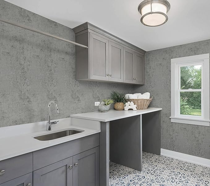 Guvana Grey Concrete Wallpaper Peel and Stick Gray Cement Wallpaper Faux Textured Limewash Contact Paper Modern Self Adhesive Removable Wall Paper for Bedroom/Bathroom Accent Wall Decor 15.7