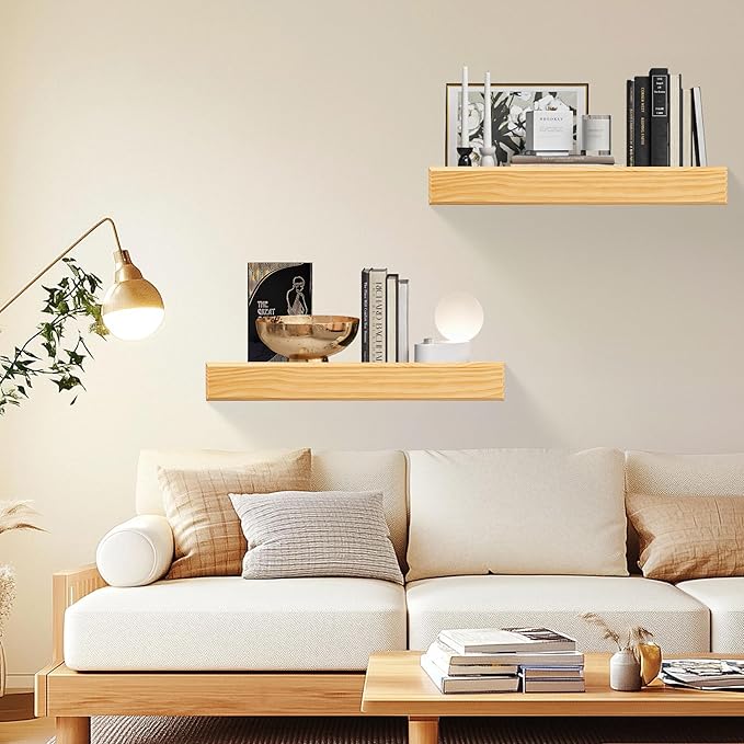24 Inch Picture Ledge Shelf with Lip,Floating Shelves for Wall, Set of 2 Solid Pine Wood Shelves with Invisible Brackets, Wall Storage for Living Room, Bedroom, Kitchen, Bathroom(Nature Wood)
