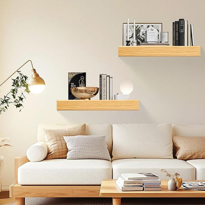 24 Inch Picture Ledge Shelf with Lip,Floating Shelves for Wall, Set of 2 Solid Pine Wood Shelves with Invisible Brackets, Wall Storage for Living Room, Bedroom, Kitchen, Bathroom(Nature Wood)