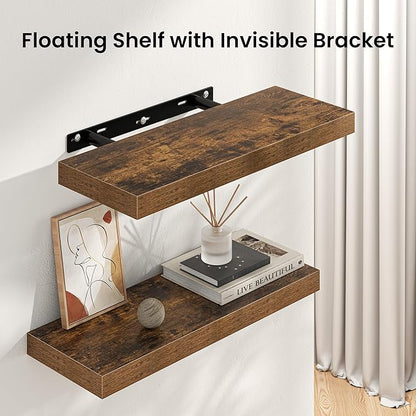 Floating Shelves for Wall, 40"W x 8"D x 1.5"H, Wooden Wall Mounted Display Shelves with Invisible Brackets for Living Room, Bedroom, Bathroom, Kitchen Decor and Storage, Set of 2, Rustic Brown