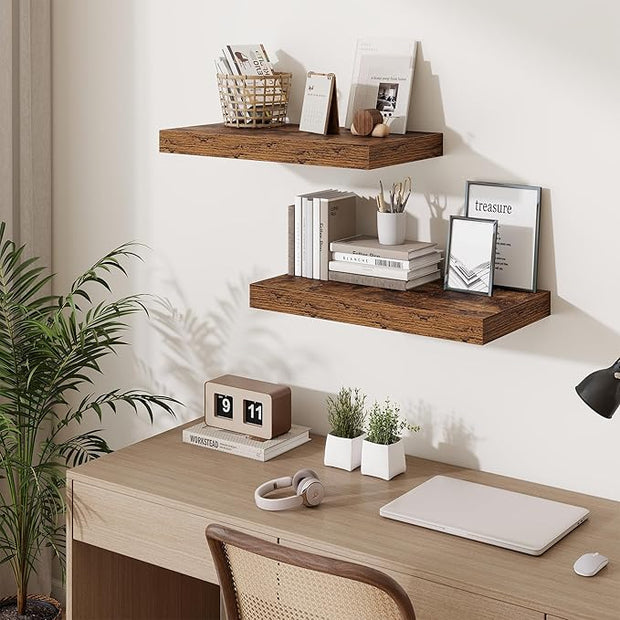 Fun Memories 24 Inch Floating Shelves Wall-Mounted, 12 Inch Deep Wall Shelves, 24 x 12 Floating Shelf, Deep Storage Shelf for Living Room Bathroom Bedroom, Rustic Brown, Set of 2