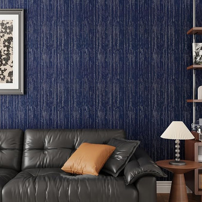 CRE8TIVE Wide Dark Blue Grasscloth Peel and Stick Wallpaper for Bedroom Bathroom 24"x118" Textured Fabric Grass Cloth Wallpaper Removable Adhesive Blue Contact Paper for Walls Cabinets Countertops