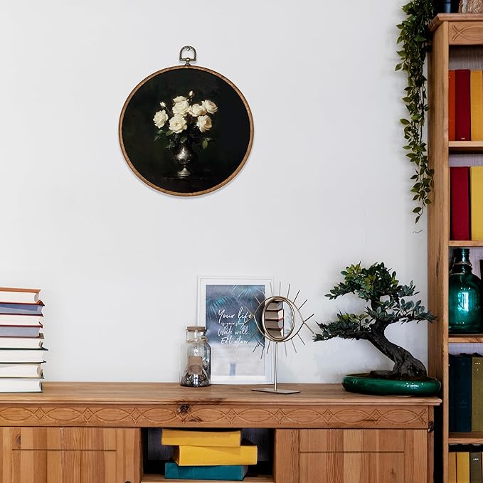 KSDUT Retro Aesthetic White Floral Wall Art Decor - Botanical Neutral Mid Century Modern Dark Wall Art Canvas Frame Hanging Prints, Vintage Landscape Round Wall Art Decor for Home Decorations 10