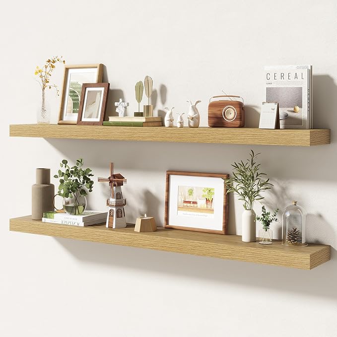 48 Inch Floating Shelves | 6.5 Inch Deep Oak Floating Shelves Set of 2 | 48" W x 6.5" D Rustic Oak Shelves with Invisible Brackets for Bathroom Living Room Bedroom