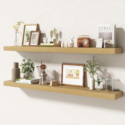 48 Inch Floating Shelves | 6.5 Inch Deep Oak Floating Shelves Set of 2 | 48" W x 6.5" D Rustic Oak Shelves with Invisible Brackets for Bathroom Living Room Bedroom