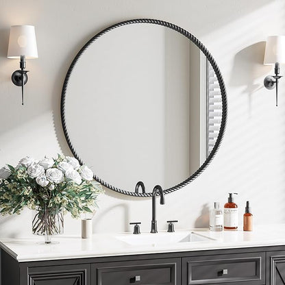 PROHOMEWARE Black Round Bathroom Mirrors, 32 inch Circle Wall Mounted Hanging Mirror for Entryway, Living Room, Hallway, Bathroom, Bedroom