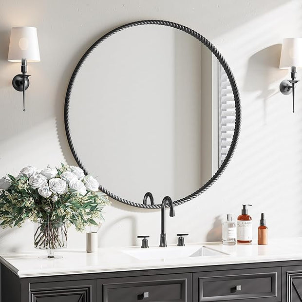 PROHOMEWARE Black Round Bathroom Mirrors, 32 inch Circle Wall Mounted Hanging Mirror for Entryway, Living Room, Hallway, Bathroom, Bedroom