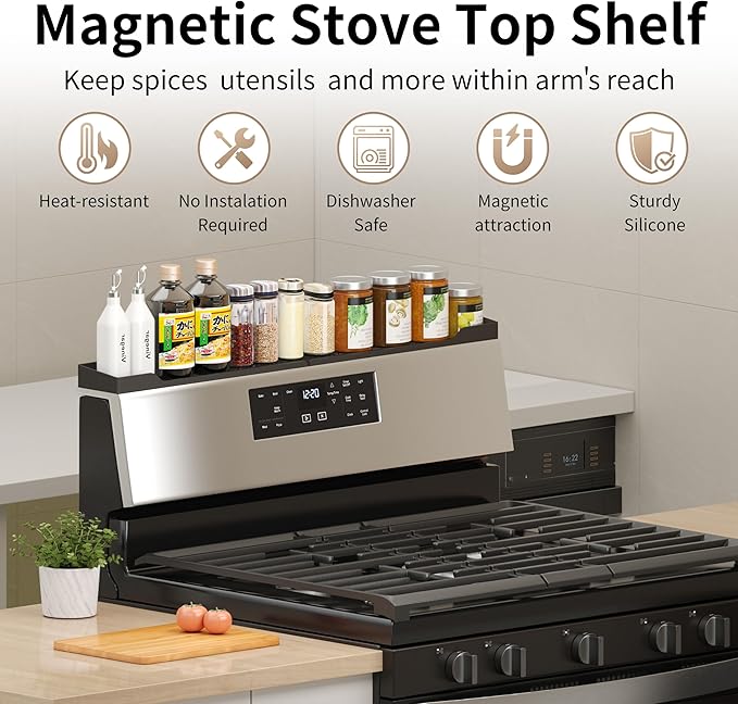 Magnetic Stove Top Shelf, 30 Inch Magnetic Silicone Kitchen Spice Rack for Back of Stove, Over the Stove Top Kitchen Organization, Oven Shelf, Seasoning Organizers, Easy to Clean, Black