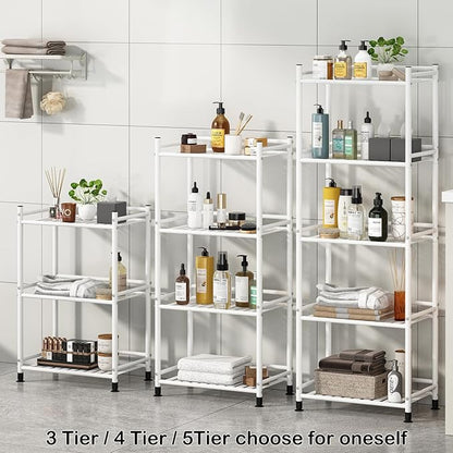 4 Tier Bathroom Storage Open Shelf Unit, Free-Standing Metal Corner Rack Shelving for Kitchen, Living Room, Hallway (White, Wider 4 Tier)