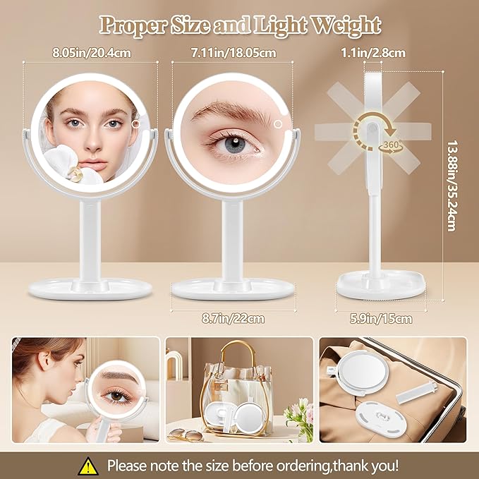 Makeup Mirror with Lights, Double Sided 1x/30x Magnifying Mirror with Light, Rechargeable 3 Color Lights and Adjustable Brightness, 360° Rotation Detachable Comes with Tweezer(Ivory)