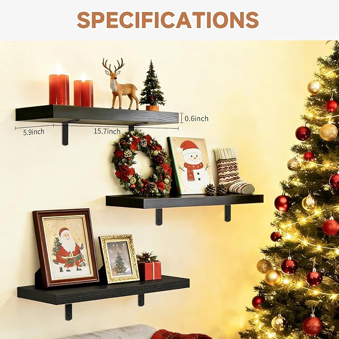 LifetimeWarranty Wall Shelves With Brackets,NOT Floating Easy Install 15.7Inch Solid Wood Shelf 3PCS,Ledge Storage Shelf for Bathroom Living Room Bedroom Kitchen,Wall Organizer for Book Home Decor