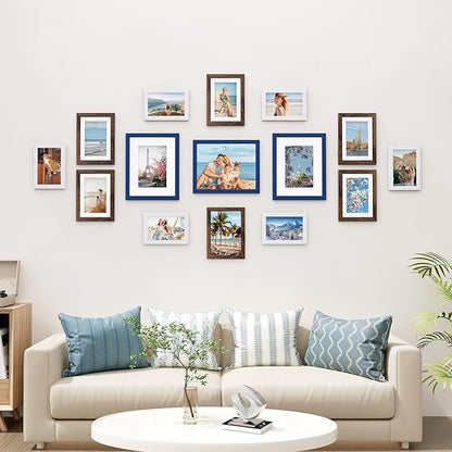 Vittanly 15 Pack Picture Frames Collage Wall Decor, Multi Sizes Including 3pcs 8x10, 6pcs 5x7 and 6pcs 4x6 Photo Frames, Gallery Frame Set for Wall or Tabletop Display, Blue, Brown and White