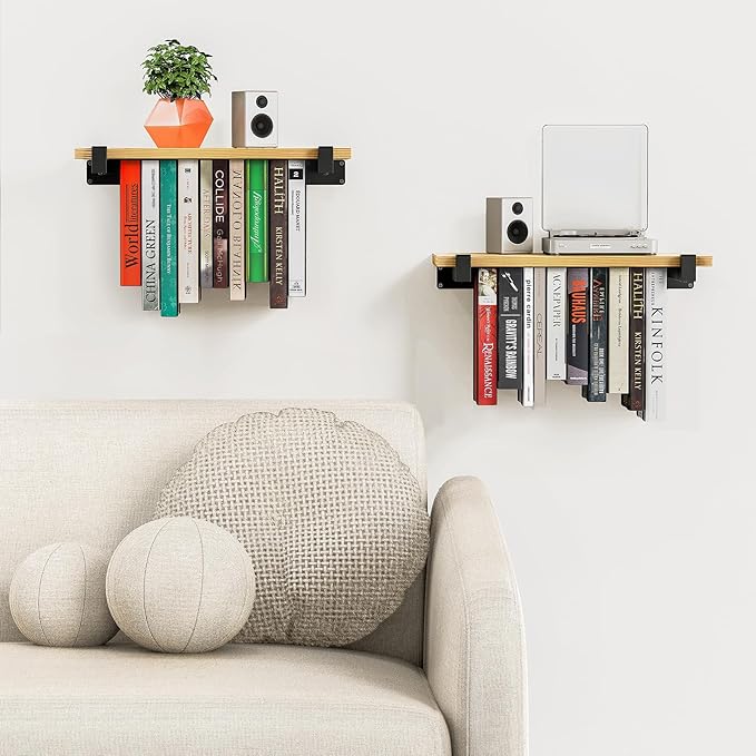 2 Set of Floating Bookshelf, Pine Wood Invisible Bookshelf, Hanging Bookshelves for Wall, Unique Space Saving Wall Bookcase (16.5L×8.7W×1.5H)