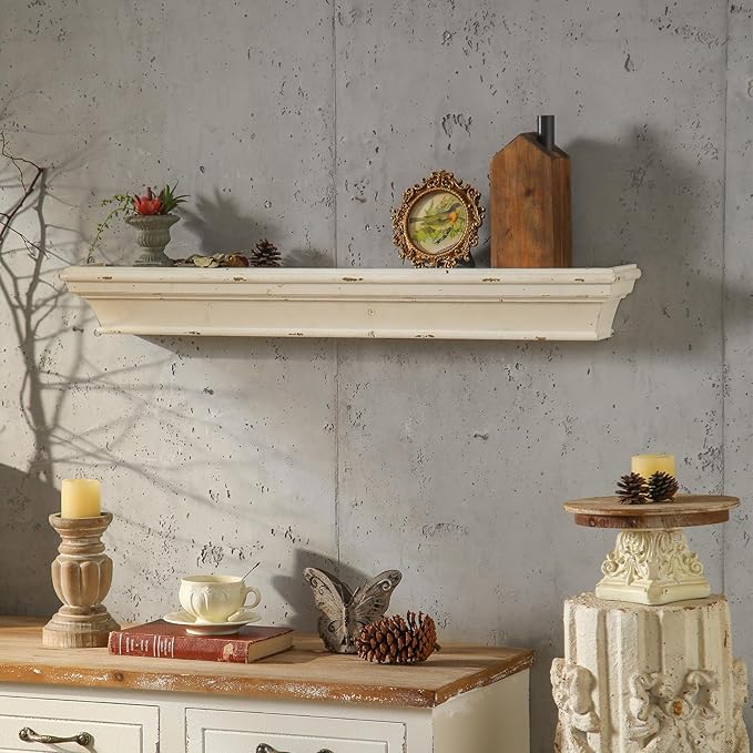 Vintage Floating Shelves for Wall, 36.3 Inch Rustic Wall Shelves, Solid Wood Mounted Decorative Shelves, Long Floating Shelf for Living Room, Bedroom, Bathroom, Kitchen, Home Decor, White