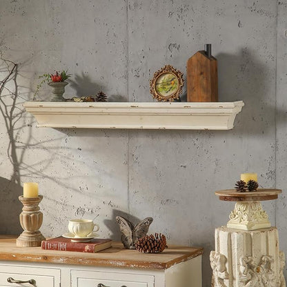 Vintage Floating Shelves for Wall, 36.3 Inch Rustic Wall Shelves, Solid Wood Mounted Decorative Shelves, Long Floating Shelf for Living Room, Bedroom, Bathroom, Kitchen, Home Decor, White