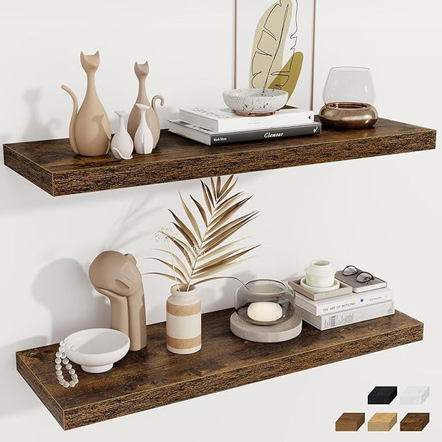 Fun Memories Deep Floating Shelves, 36" W x 12" D Wood Floating Shelves for Wall, 2 Pack Extra Deeper & Thicker Wall Mounted Storage Shelf for Living Room Laundry Room Kitchen Home Office, Brown
