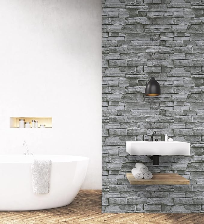 Timeet 3D Brick Stone Wallpaper Peel and Stick Wallpaper Self Adhesive 17.7"x197" Grey Stone Contact Paper for Living Room Bathroom Fireplace Kitchen Decoration Removable Vinyl Wall Paper Roll