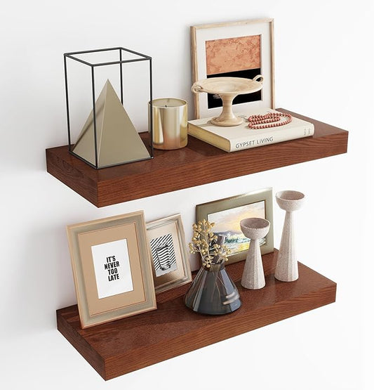 RICHFOCUS Floating Shelves for Wall | 24W x 9.3D Rustic Floating Shelves with Solid Ash Wood Veneer Set of 2 | Floating Wall Shelves with Upgraded Brackets | for Living Room Bathroom Home Office