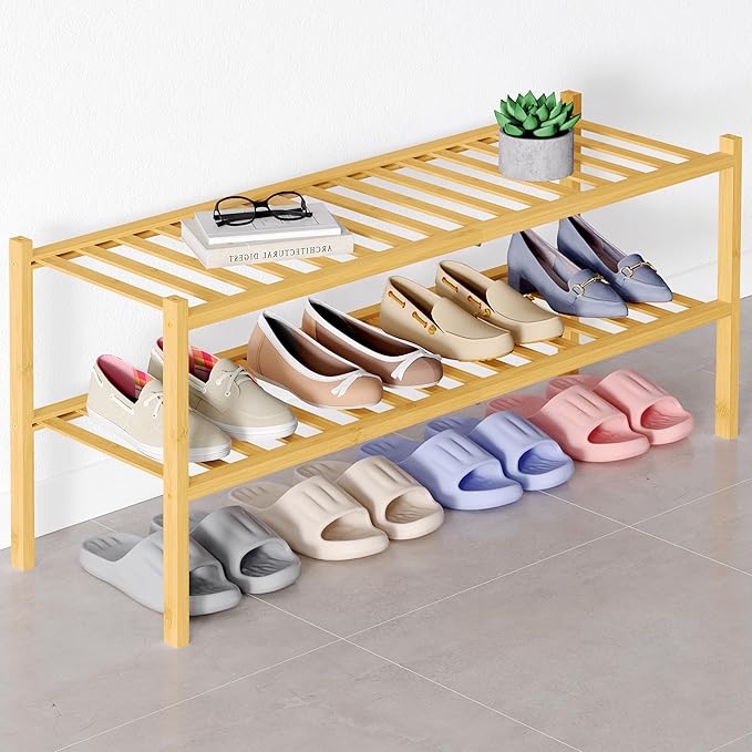 Smiry Bamboo Shoe Rack for Closet, 2 Tier Long Wooden Stackable Shoe Organizer, Free Standing Shoes Storage Shelf for Entryway, Front Door Entrance, Natural
