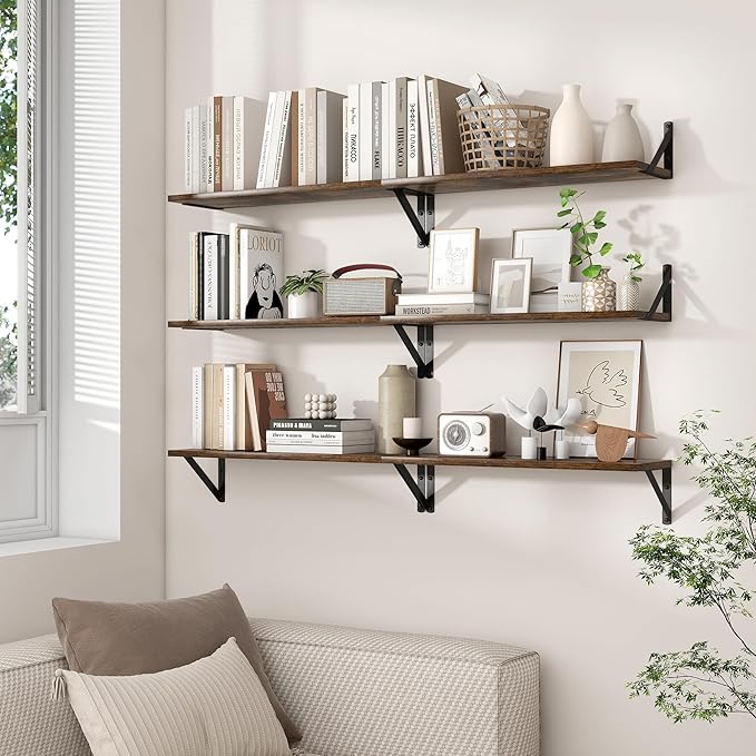 Axeman 48 Inch Floating Shelves | 8 Inch Deep Brown Wall Shelves Set of 2 | 47.3