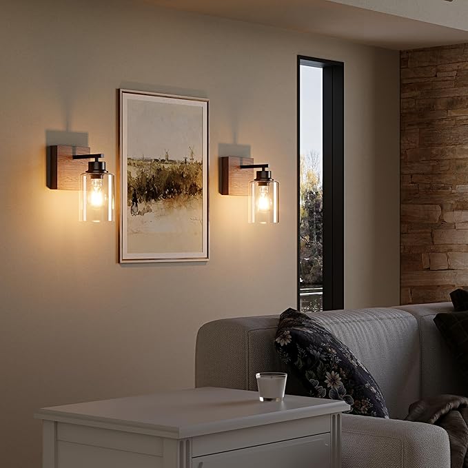 Battery Operated Wall Sconce Set of 2, Black & Walnut Rechargeable Wall Lights with Timer Function, Easy Install Dimmable Wireless Wall Lamps for Living Room, Bedroom, Hallway, Entryway Decor 3000K