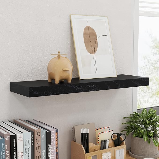fuqing Black Floating Shelves | 24 Inch Wood Floating Shelves for Wall Set of 2 | 24