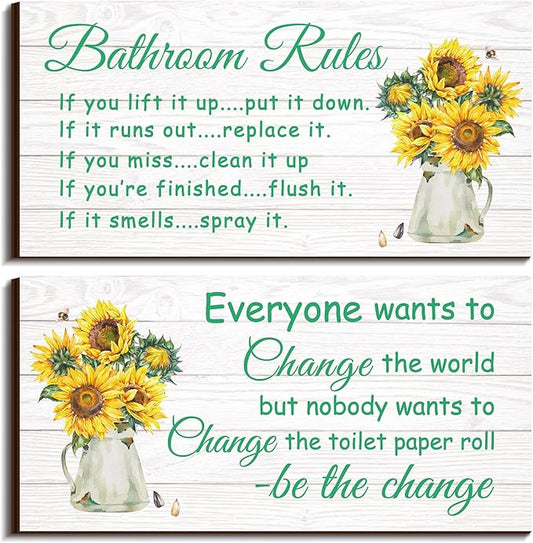 Jetec 2 Pieces Funny Bathroom Signs Bathroom Wall Decor Toilet Wall Accessories Farmhouse Toilet Rustic Wooden Signs, 12x6 Inch(Sunflower Style)