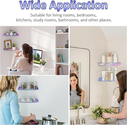 9.5x9.5 Inch Acrylic Corner Floating Shelf Set of 2, Iridescent Corner Wall Shelf for Home Décor, Speakers, Security Cameras, Toileries, Plants, Figures, Cosmetics, Books