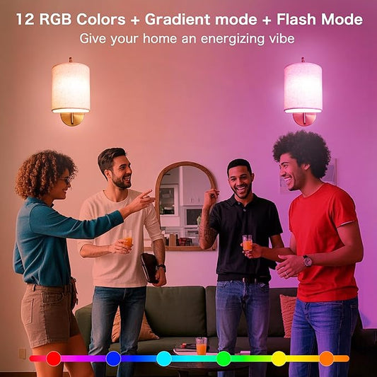 Rechargeable Battery Operated Wall Sconces Set of 2 Wireless Wall Lights with Remote Control 12 RGB Colors Magnetic Bulbs 5200mAh Battery Wireless Sconces for Bedroom Living Room (Gold)