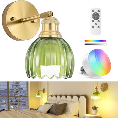 VOLISUN Vintage Battery Operated Wall Sconce,with Green Tulip Glass Lampshade, Wireless Wall Sconce, Rechargeable Battery Powered Wall Light, Sconce Wall Decor for Bedroom Living Room