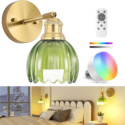 VOLISUN Vintage Battery Operated Wall Sconce,with Green Tulip Glass Lampshade, Wireless Wall Sconce, Rechargeable Battery Powered Wall Light, Sconce Wall Decor for Bedroom Living Room