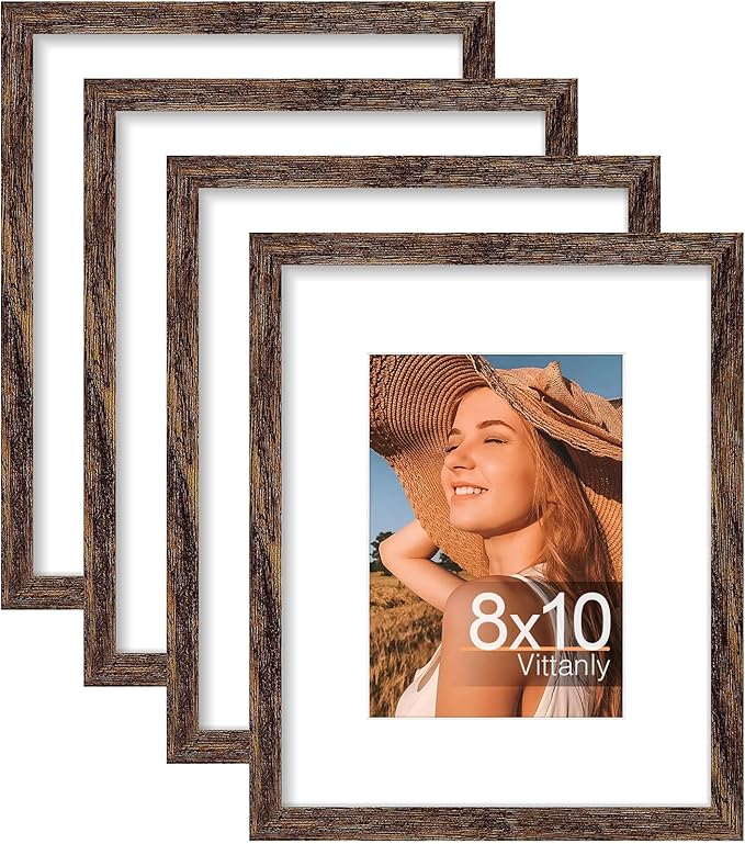 Vittanly 8x10 Picture Frames Set of 4, Display Pictures 5x7 with Mat or 8x10 without Mat, Gallery Wall Frame Set for Wall or Tabletop, Engineered Wood with Shatter Resistant Plexiglass, Rustic Brown