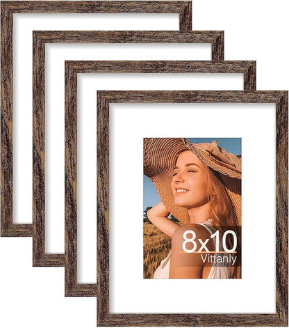Vittanly 8x10 Picture Frames Set of 4, Display Pictures 5x7 with Mat or 8x10 without Mat, Gallery Wall Frame Set for Wall or Tabletop, Engineered Wood with Shatter Resistant Plexiglass, Rustic Brown