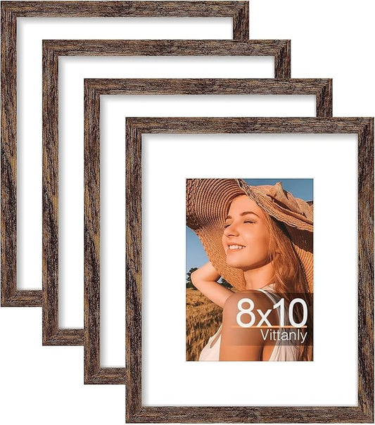 Vittanly 8x10 Picture Frames Set of 4, Display Pictures 5x7 with Mat or 8x10 without Mat, Gallery Wall Frame Set for Wall or Tabletop, Engineered Wood with Shatter Resistant Plexiglass, Rustic Brown