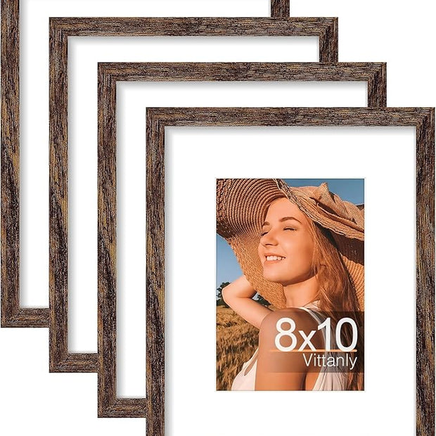 Vittanly 8x10 Picture Frames Set of 4, Display Pictures 5x7 with Mat or 8x10 without Mat, Gallery Wall Frame Set for Wall or Tabletop, Engineered Wood with Shatter Resistant Plexiglass, Rustic Brown