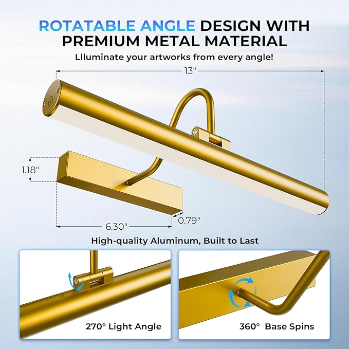 13'' Picture Light for Wall, 5200 mAh Battery Operated Picture Light with Remote & Timer for Wall Art - 3 CCT Dimmable LED, Brass Finish