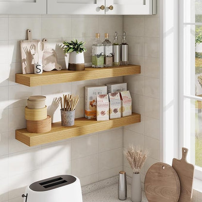 Fun Memories Floating Shelves 30 Inch, Wall Mounted Wood Shelf Set of 2, Farmhouse Decor for Bathroom, Bedroom, Kitchen, Living Room, Oak
