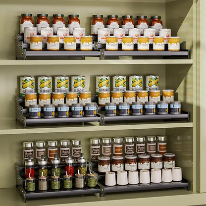 Expandable Carbon Steel Spice Rack Organizer for Pantry, Adjustable 3-Tier Ladder Shelf,Holds Up to 24 Cans,Kitchen Countertop Organizer, Rustproof Storage Rack for Spices, Cans, Sauces & Dry Goods