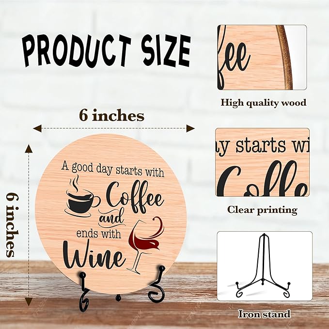 Coffee And Wine Desk Decor Sign, Rustic Funny Wooden Box Plaque, A Good Day Starts With Coffee And Ends With Wine Wood Sign, Decor For Home Kitchen Table Top, Wooden Round With Stand-24