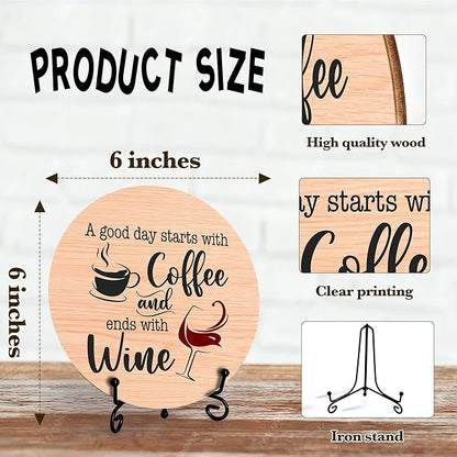 Coffee And Wine Desk Decor Sign, Rustic Funny Wooden Box Plaque, A Good Day Starts With Coffee And Ends With Wine Wood Sign, Decor For Home Kitchen Table Top, Wooden Round With Stand-24