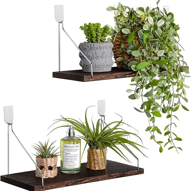 MITIME Floating Shelves Set of 2 Rustic Solid Wood Floating Shelf Wall Storage Shelves for Living Room, Bedroom, Bathroom, Kitchen Laundry, Office,no Drill Shelf(Retro Color M+M)