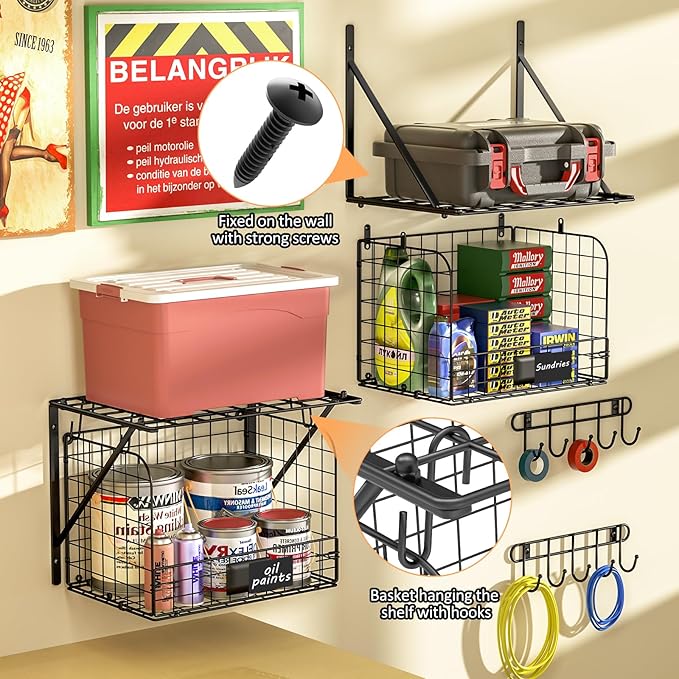 2 Pack Garage Shelves Wall Mounted with Wire baskets, Heavy Duty Garage Wall Shelving with Hooks, Wire Shelf Baskets Tool Organizer for Home Garden Garage Organization and Storage