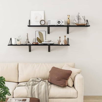Heimlove Deep Floating Shelves for Wall, 12 Inch Deep Floating Shelves Set of 3, 16W x 12D Wood Wall Shelves, Wide Wood Shelves with Metal Bracket for Living Room, Kitchen, Office, Bedroom - Black