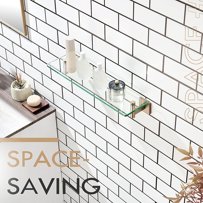 KOKOSIRI Wall Shelves Bathroom Hardware Tempered Glass Floating Shelf Hanging Rack Storage/Room Decor 20-Inch Champagne Bronze 2 Pack B1105CPG-L20-P2