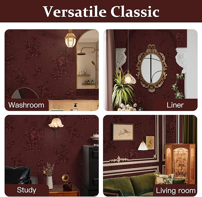 Dimoon 17.7''x236.2''Dark Red Peel and Stick Wallpaper Gothic Floral Wall Paper Contact Paper Closeout Renter Friendly Modern Self Adhesive(236.2''x17.7'', Dark Red Floral Textured)