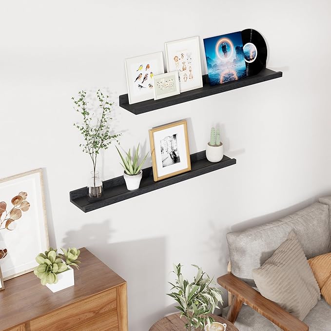 RICHFOCUS Floating Shelves for Wall, 36 inch Solid Wood Picture Ledge Shelf for Wall Storage, Nursery Book Shelves with Lip for Living Room Bathroom Bedroom Kitchen, Set of 2, Distressed Black