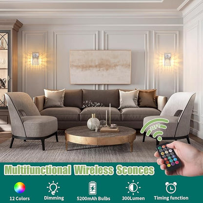 Set of 2 Crystal Battery Operated Wall Sconce,Rechargeable Wall Lamp with 5200mAh Battery & Remote Control, Modern Dimmable Wireless Wall Lights for Bedroom Bathroom (Clear, Silver Base)